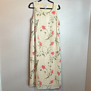 Vintage KARI NEW YORK Dress Size 16 Floral Sleeveless Lined Slit Tan Pink